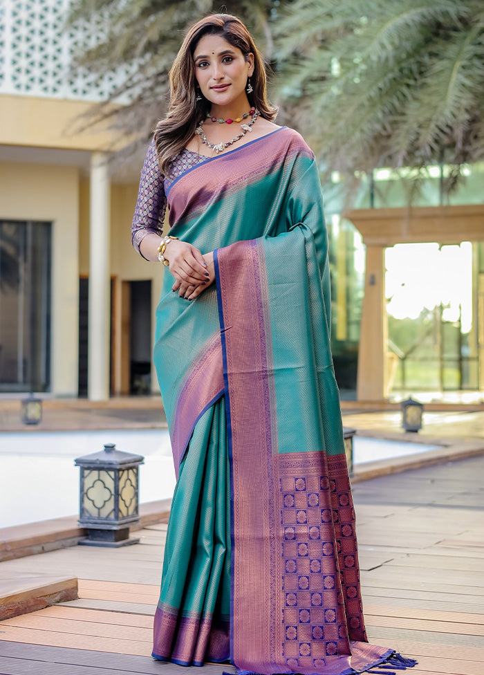 Turquoise Kanjivaram Silk Saree With Blouse Piece