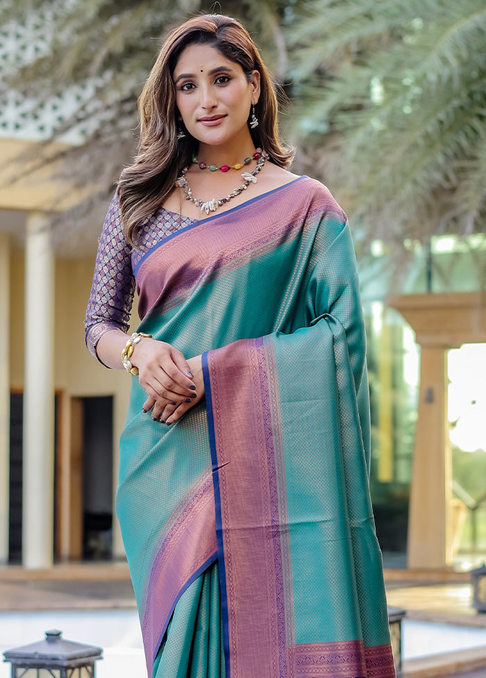 Turquoise Kanjivaram Silk Saree With Blouse Piece