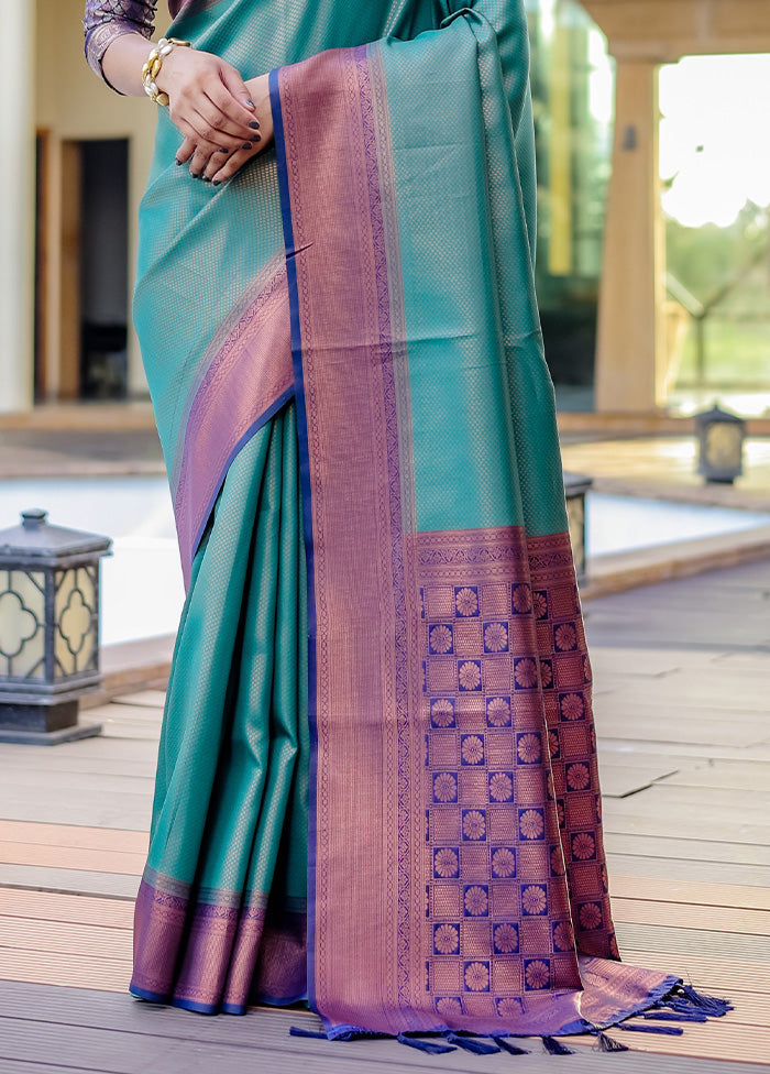 Turquoise Kanjivaram Silk Saree With Blouse Piece