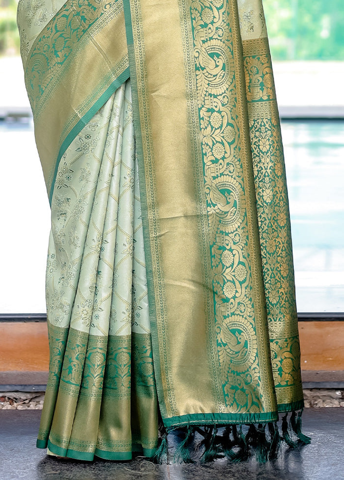 Pista Green Spun Silk Saree With Blouse Piece