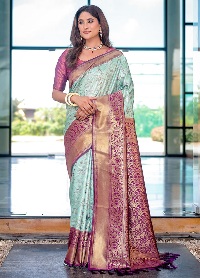 Turquoise Spun Silk Saree With Blouse Piece