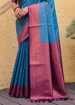 Sky Blue Kanjivaram Silk Saree With Blouse Piece