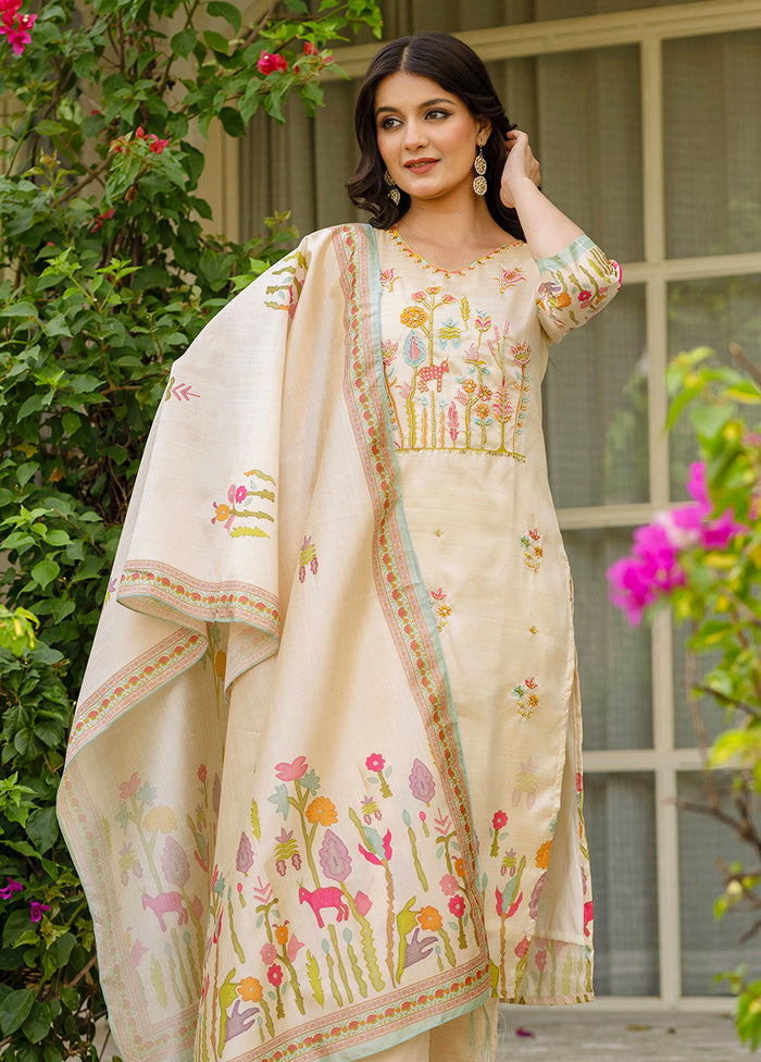 3 Pc Cream Silk Suit Set