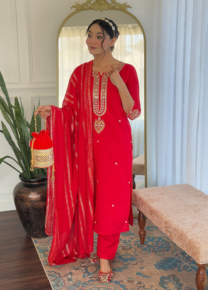 3 Pc Red Silk Suit Set