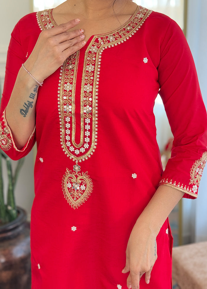 3 Pc Red Silk Suit Set