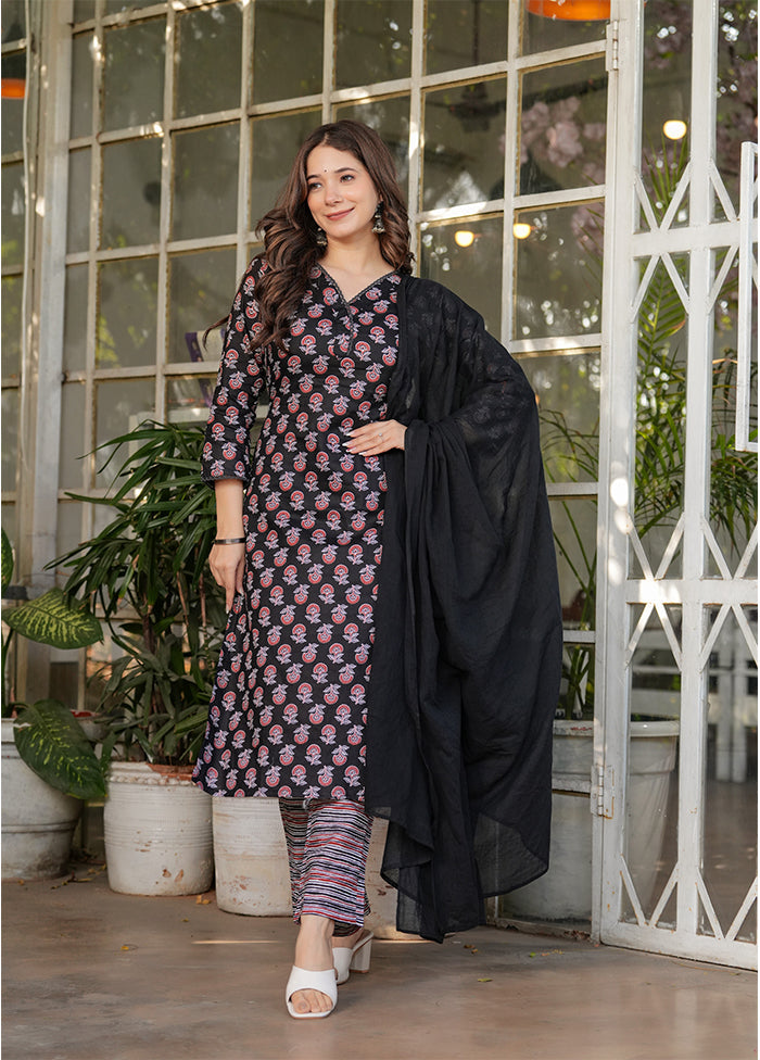 3 Pc Black Cotton Suit Set