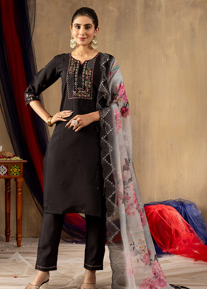 3 Pc Black Silk Suit Set