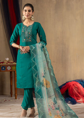 3 Pc Green Silk Suit Set