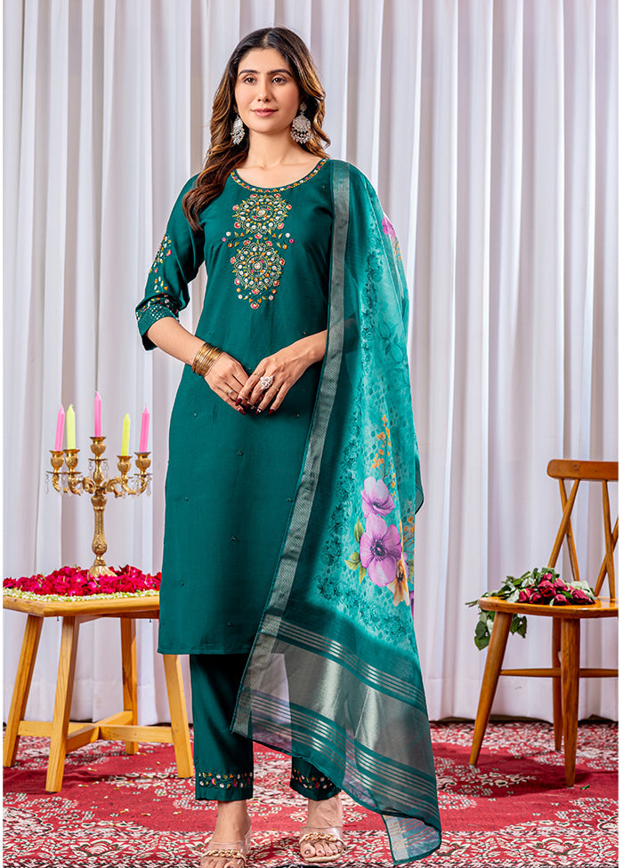 3 Pc Green Silk Suit Set