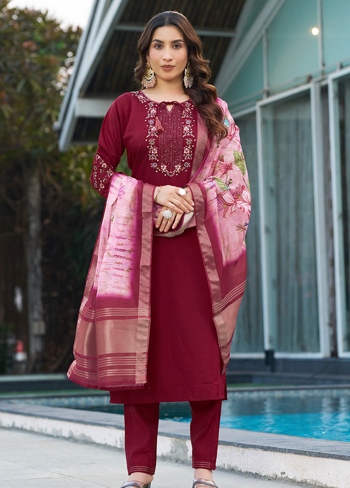 3 Pc Maroon Silk Suit Set