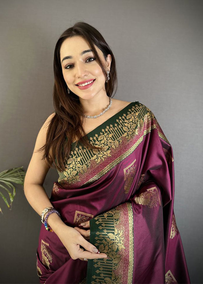 Wine Spun Silk Saree With Blouse Piece