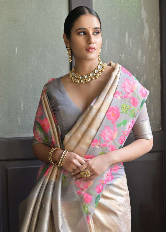 Cream Banarasi Silk Saree With Blouse Piece