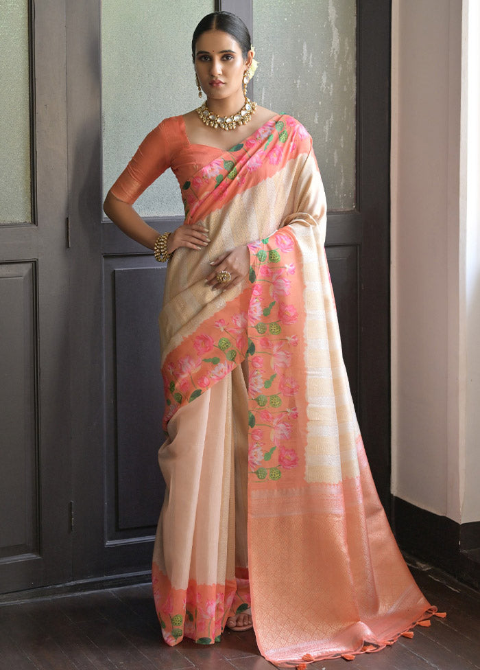 Cream Banarasi Silk Saree With Blouse Piece