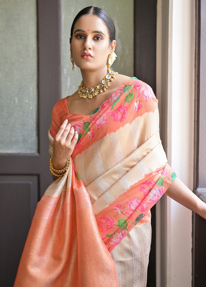 Cream Banarasi Silk Saree With Blouse Piece