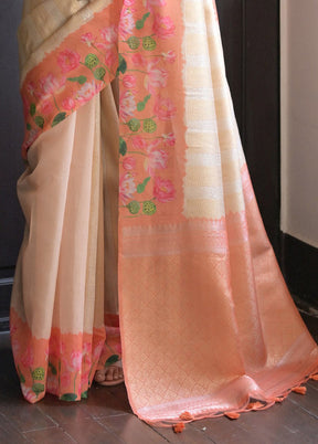 Cream Banarasi Silk Saree With Blouse Piece