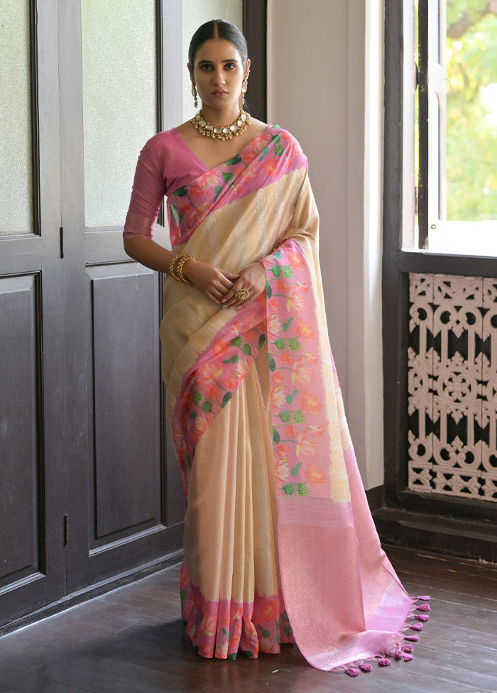 Cream Banarasi Silk Saree With Blouse Piece