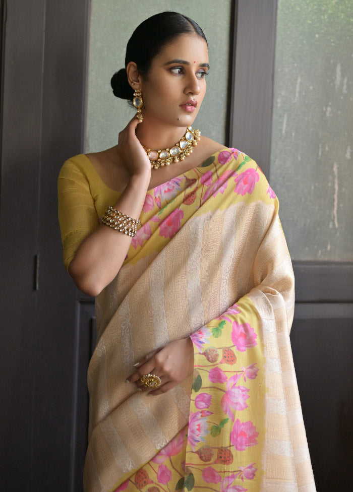 Yellow Banarasi Silk Saree With Blouse Piece