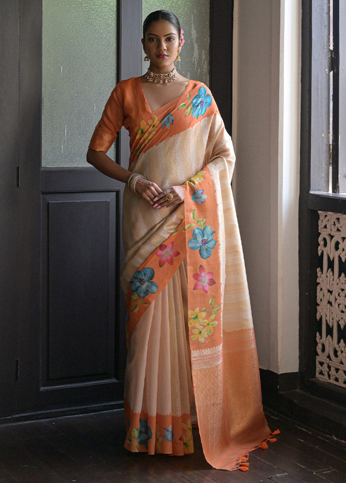 Orange Banarasi Silk Saree With Blouse Piece