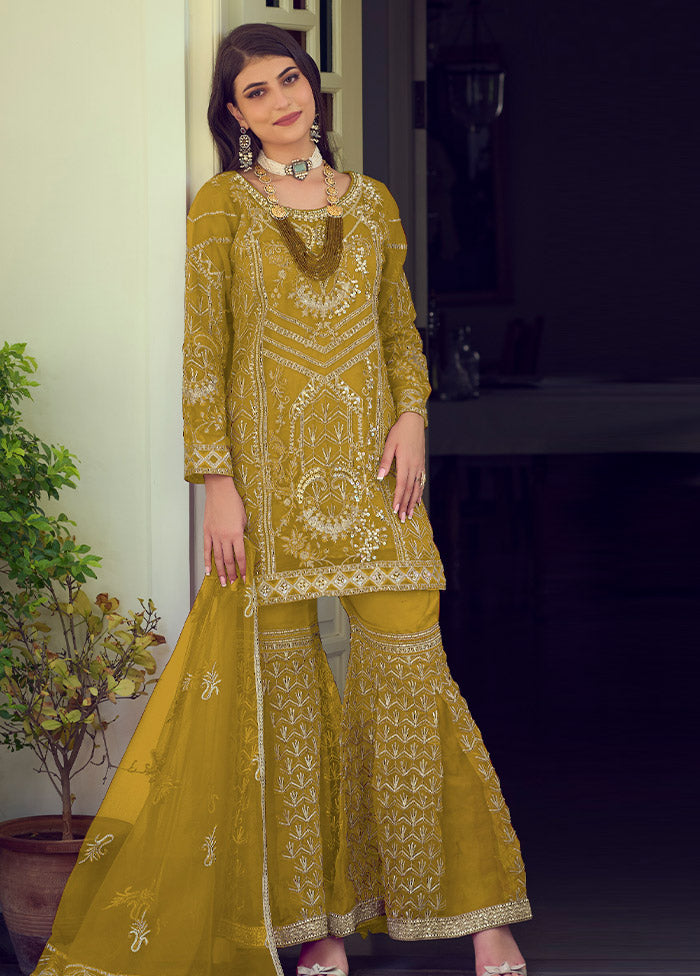 3 Pc Yellow Readymade Organza Suit Set