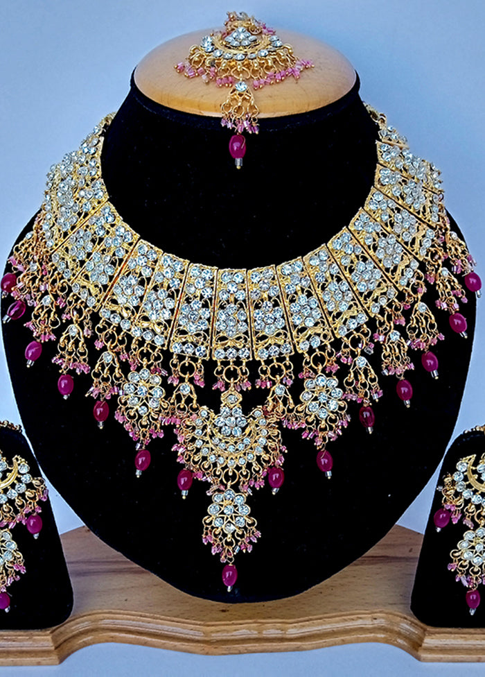 Pink Alloy Cz Stone Jewellery Set