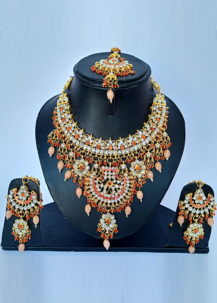 Peach Alloy Cz Stone Jewellery Set