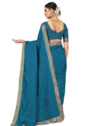 Blue Spun Silk Embellished Saree With Blouse Piece - Indian Silk House Agencies