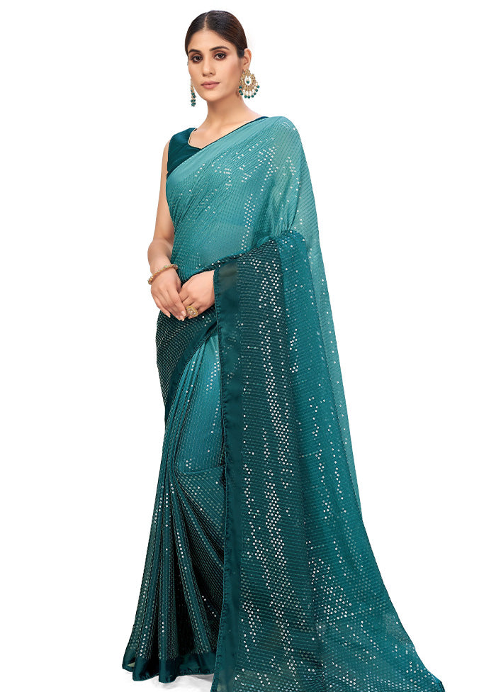 Turquoise Chiffon Silk Woven Saree With Blouse Piece - Indian Silk House Agencies