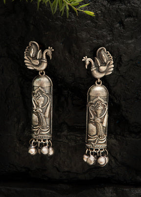 Peacock With Ghungroo Pattern Silver Tone Brass Earrings - Indian Silk House Agencies