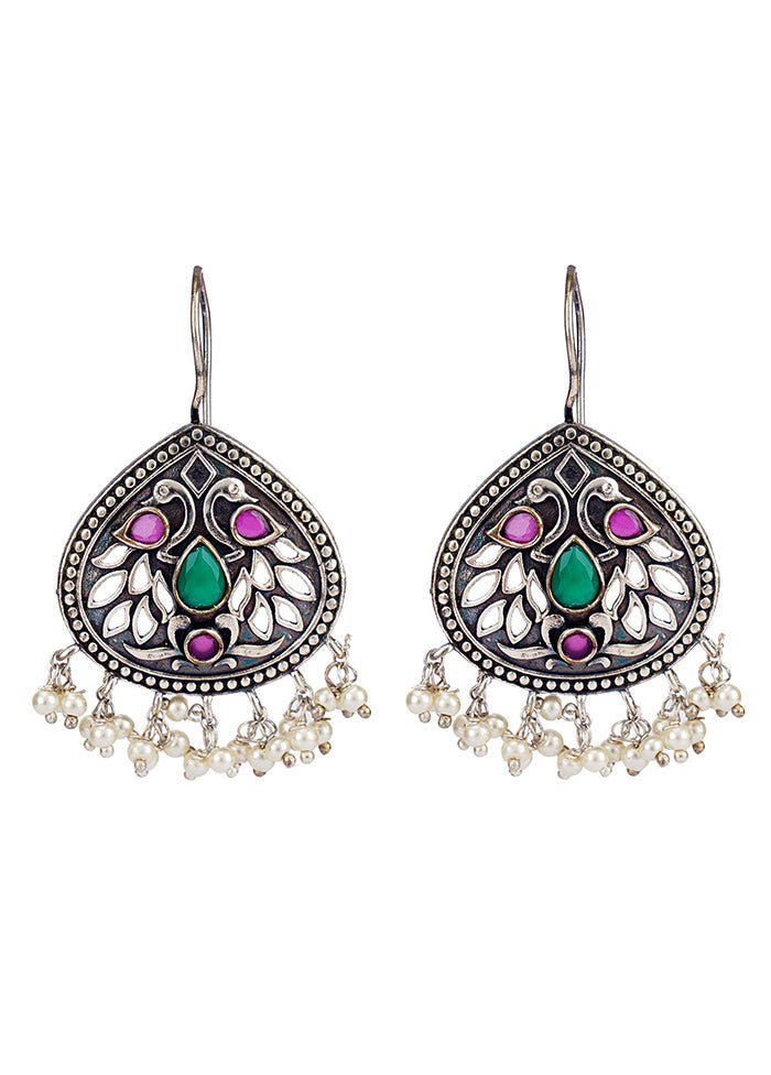 Multi Colored Handcrafted Silver Tone Brass Earrings - Indian Silk House Agencies