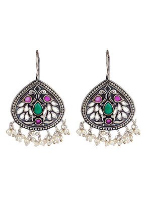 Multi Colored Handcrafted Silver Tone Brass Earrings - Indian Silk House Agencies