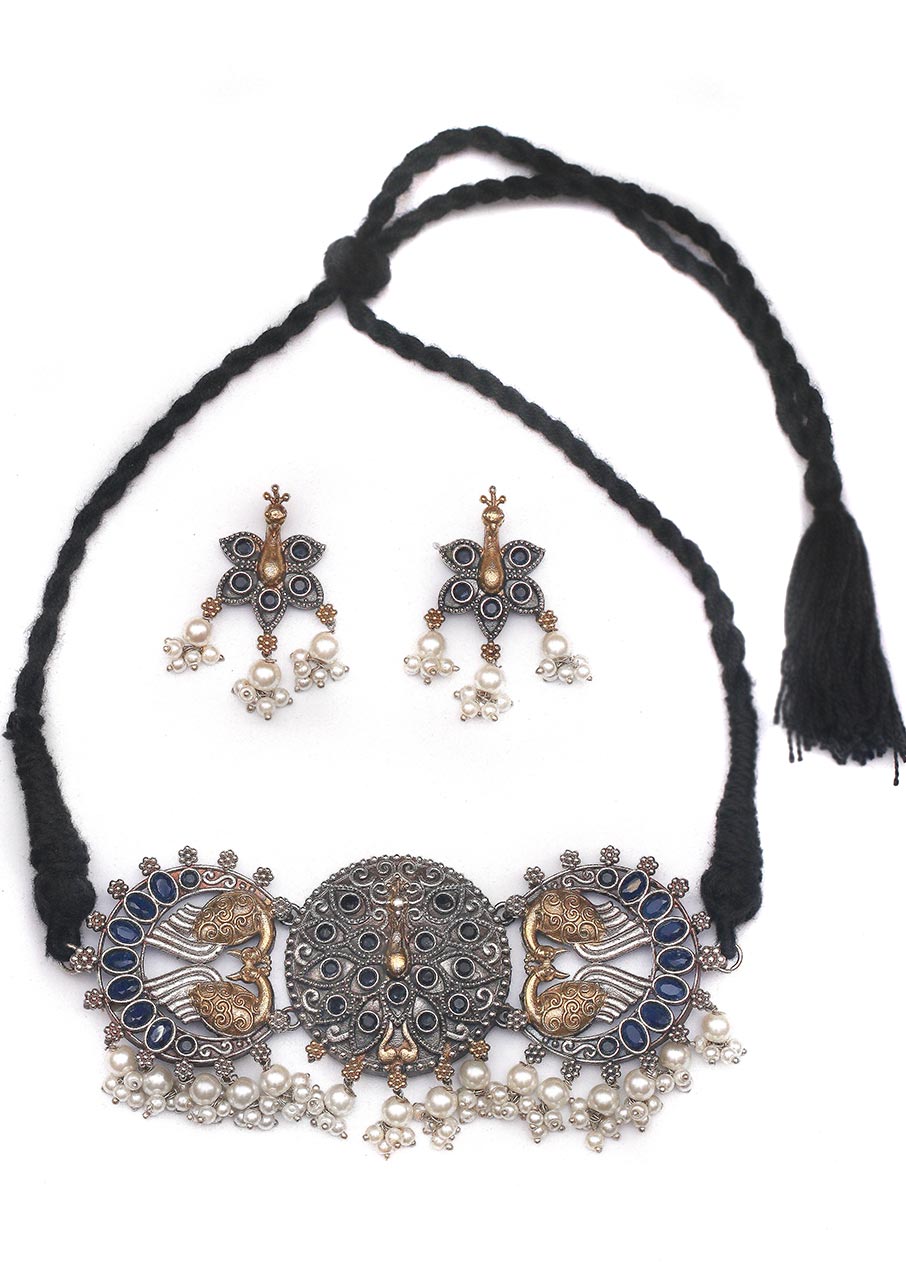 Handcrafted Brass Peacock designed Necklace and Earrings Set - Indian Silk House Agencies