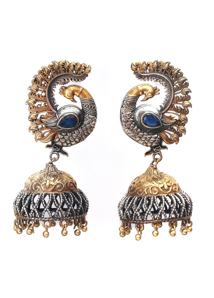 Dual Tone Handcrafted Brass Peacock Jhumka - Indian Silk House Agencies