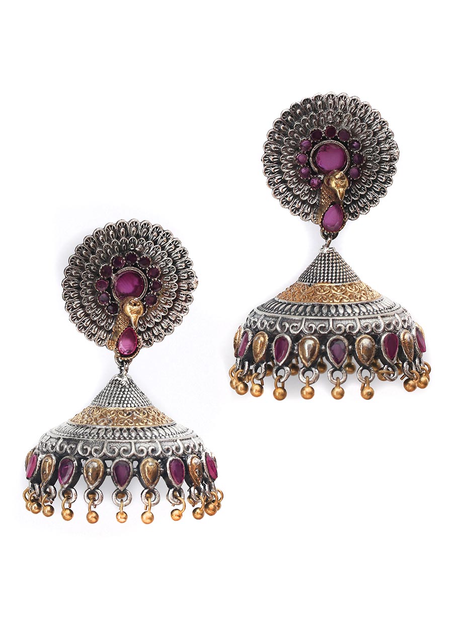 Dual Tone Handcrafted Brass Peacock Jhumka - Indian Silk House Agencies