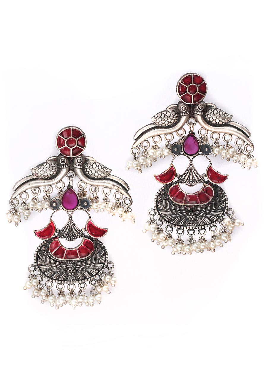 Handcrafted Brass Earrings In Silver Tone - Indian Silk House Agencies