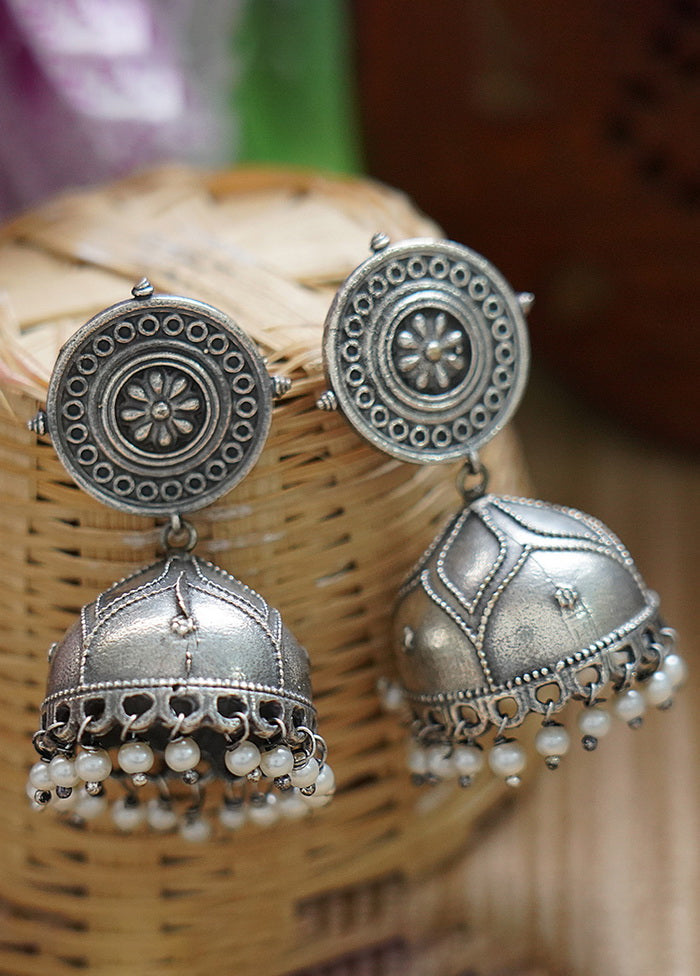 White Beads Pattern Silver Tone Brass Jhumka - Indian Silk House Agencies