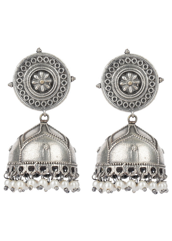 White Beads Pattern Silver Tone Brass Jhumka - Indian Silk House Agencies