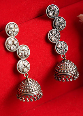 Round Shape Pattern Silver Tone Brass Jhumka - Indian Silk House Agencies