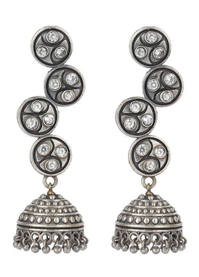 Round Shape Pattern Silver Tone Brass Jhumka - Indian Silk House Agencies