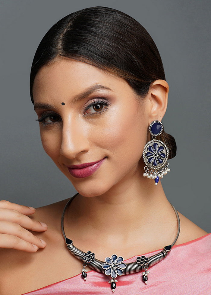 Blue Drop Style Brass Set Of Necklace And Earrings - Indian Silk House Agencies