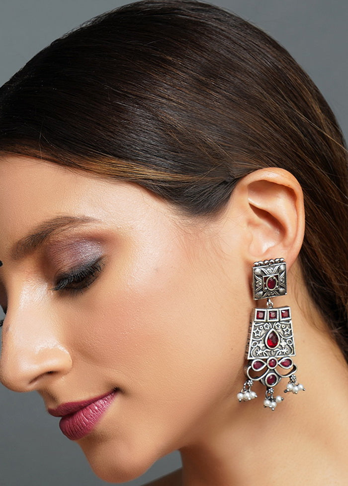 Red Stone Silver Tone Brass Earrings - Indian Silk House Agencies