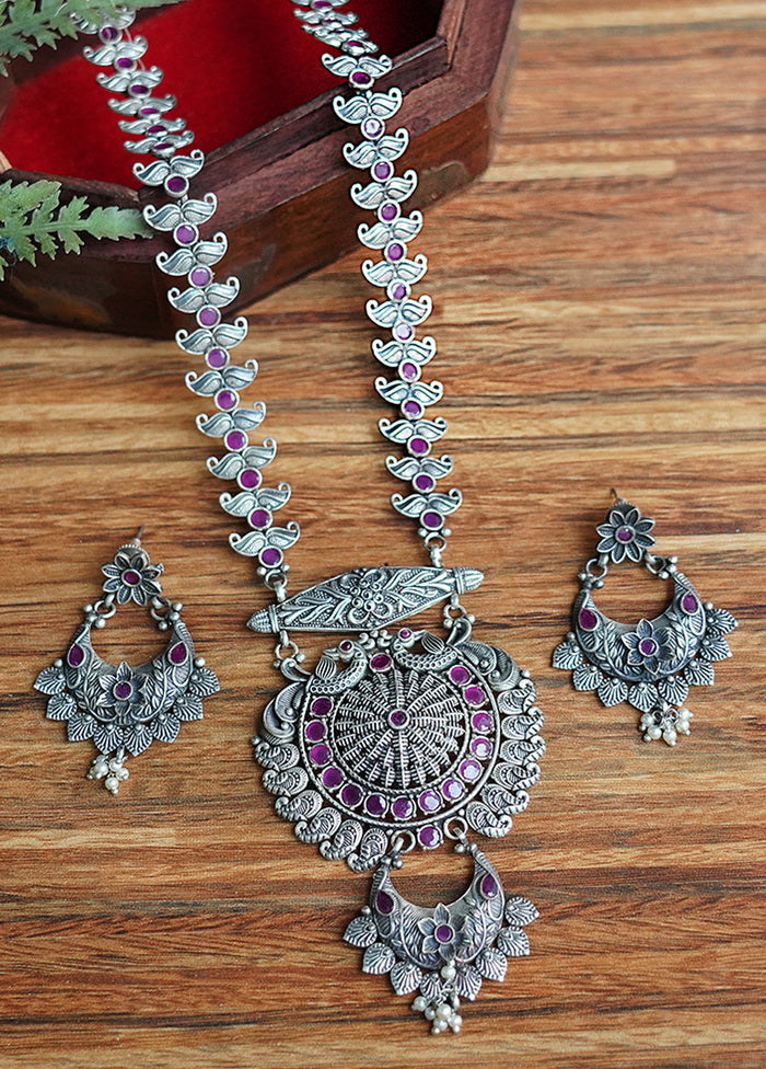 Silver Tone Brass Set Of Necklace And Earrings - Indian Silk House Agencies