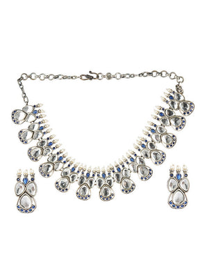 Silver Tone Brass Set Of Necklace And Earrings - Indian Silk House Agencies