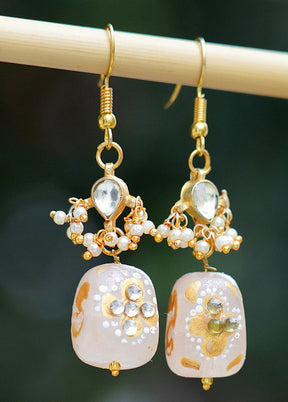 White Beads Style Matte Gold Brass Earrings - Indian Silk House Agencies