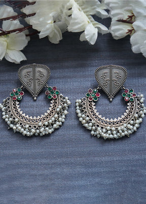 White Beads Silver Tone Brass Earrings - Indian Silk House Agencies