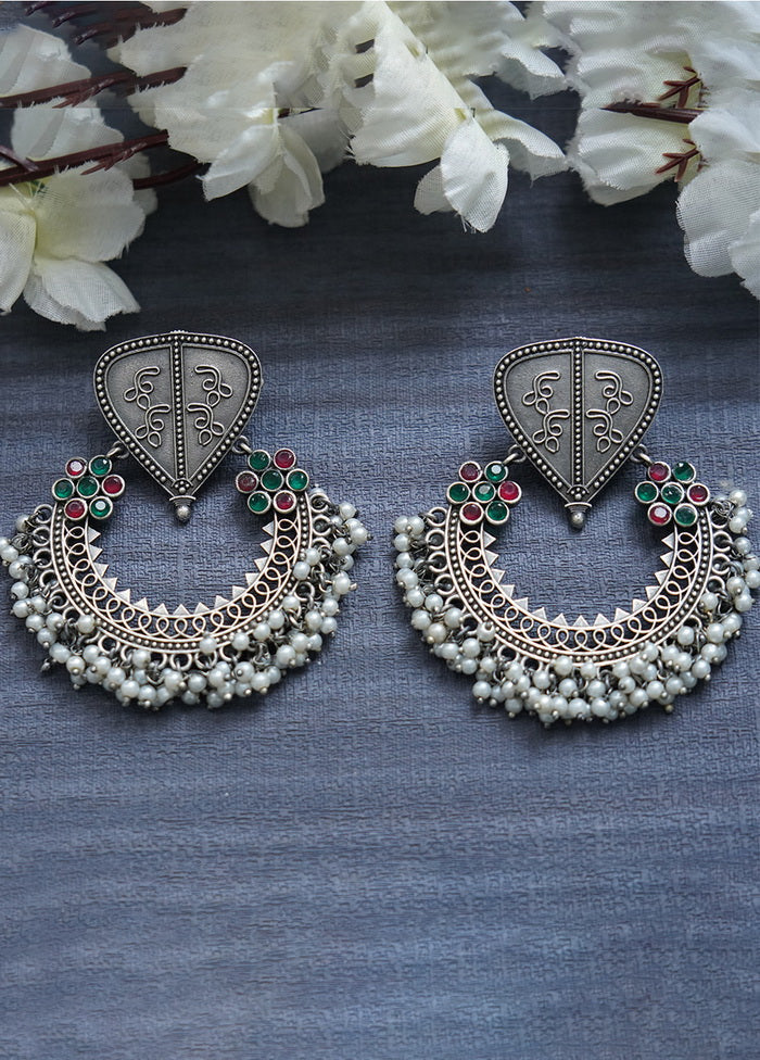 White Beads Silver Tone Brass Earrings - Indian Silk House Agencies