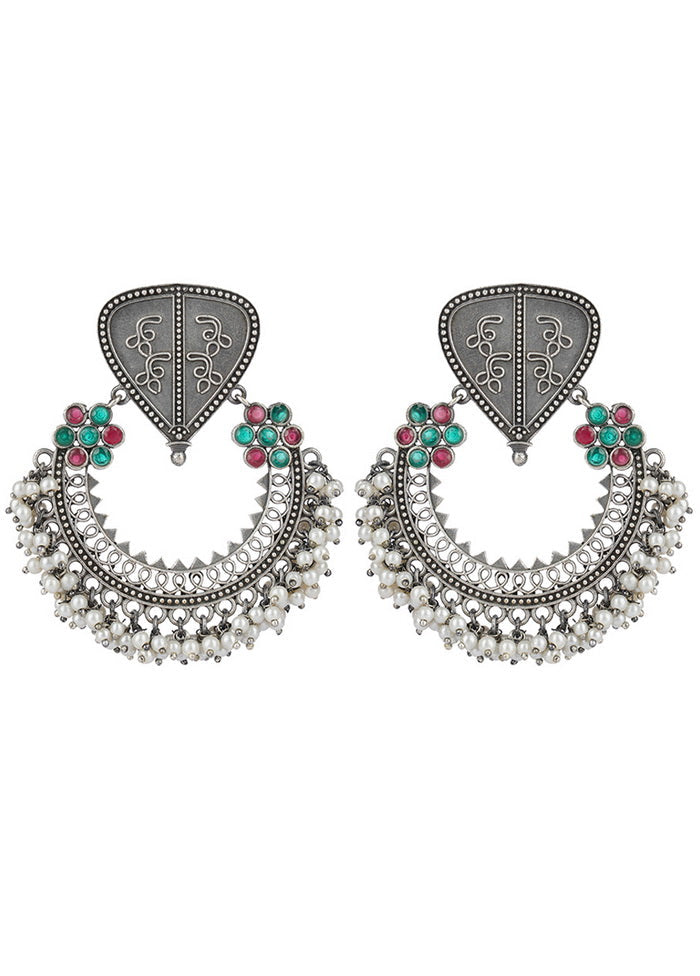 White Beads Silver Tone Brass Earrings - Indian Silk House Agencies