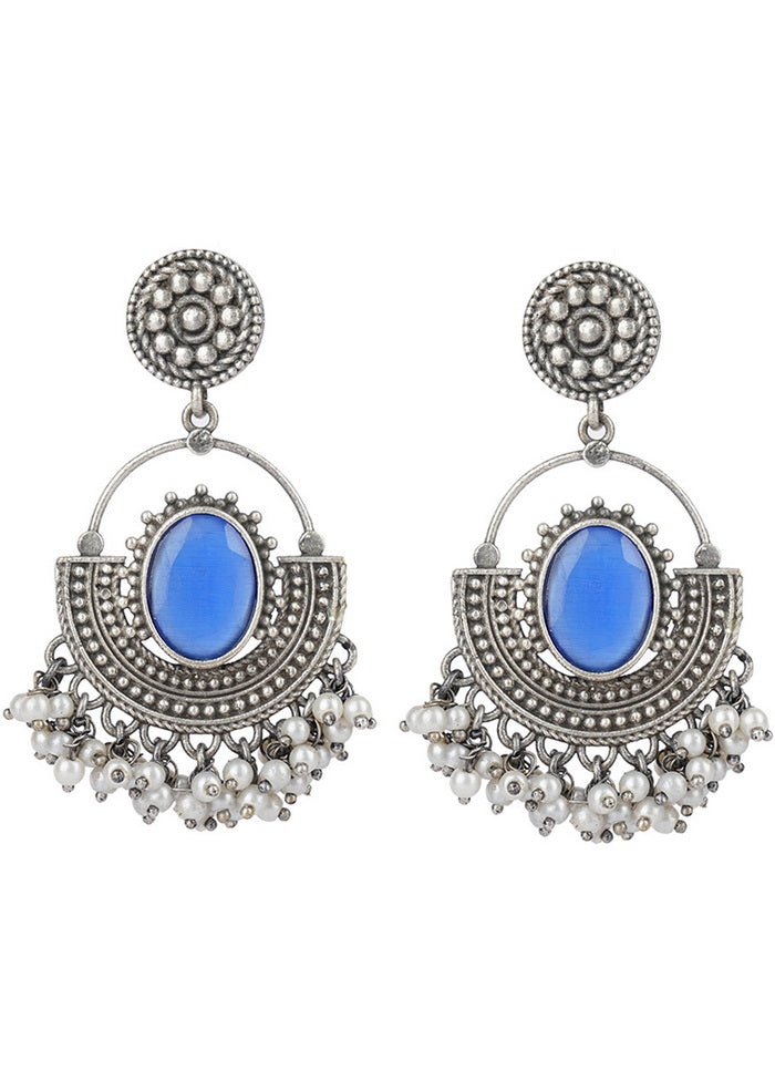 White Beads Silver Tone Brass Earrings - Indian Silk House Agencies