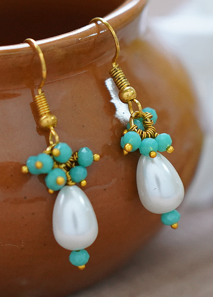 White Beadmatte Gold Brass Earrings - Indian Silk House Agencies