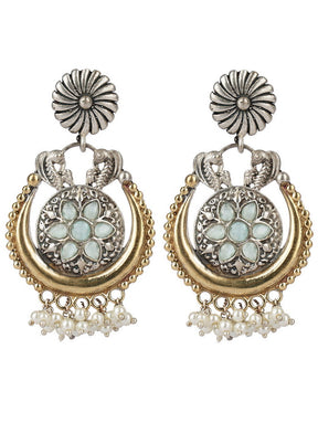 Peacock White Beads Dual Tone Brass Earrings - Indian Silk House Agencies