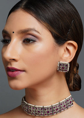 Silver Tone Brass Set Of Necklace And Earrings - Indian Silk House Agencies